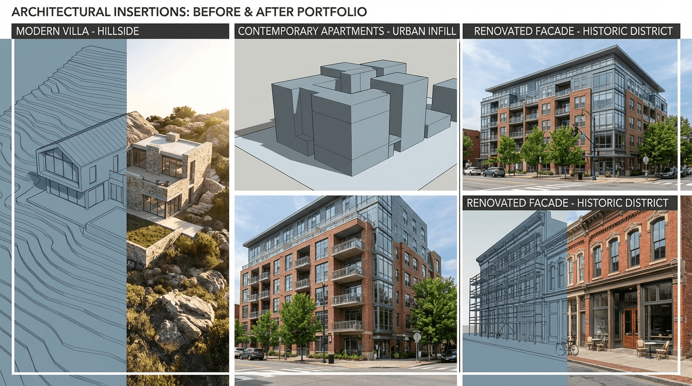 Beispiele fuer Architektureinfuegungen — vorher/nachher